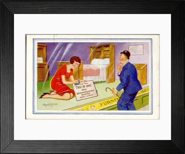 Framed Print : Comic postcard, Shop window display with bed Framed Print : Comic postcard, Shop window display with bed