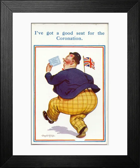 Framed Print : Comic postcard, Large man with Coronation ticket Date: 20th century Framed Print : Comic postcard, Large man with Coronation ticket Date: 20th century