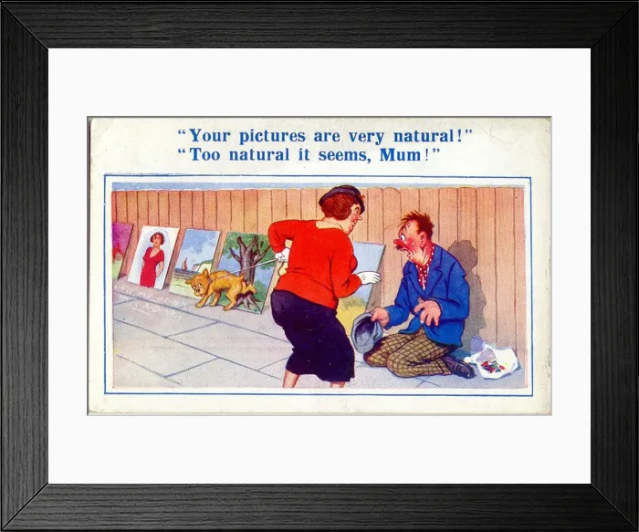Framed Print : Comic postcard, Art appreciation from a dog Date: 20th century Framed Print : Comic postcard, Art appreciation from a dog Date: 20th century