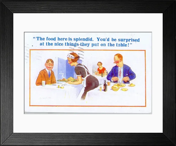 Framed Print : Comic postcard, Waitress serving in a restaurant Framed Print : Comic postcard, Waitress serving in a restaurant