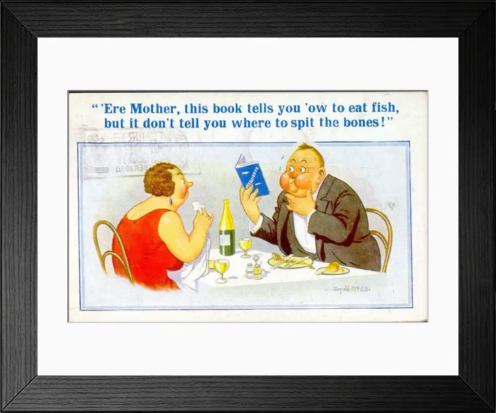 Framed Print : Comic postcard, Plump couple in a restaurant Framed Print : Comic postcard, Plump couple in a restaurant