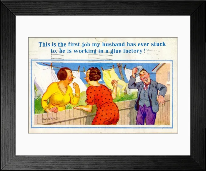 Framed Print : Comic postcard, Neighbours chat over garden fence Framed Print : Comic postcard, Neighbours chat over garden fence