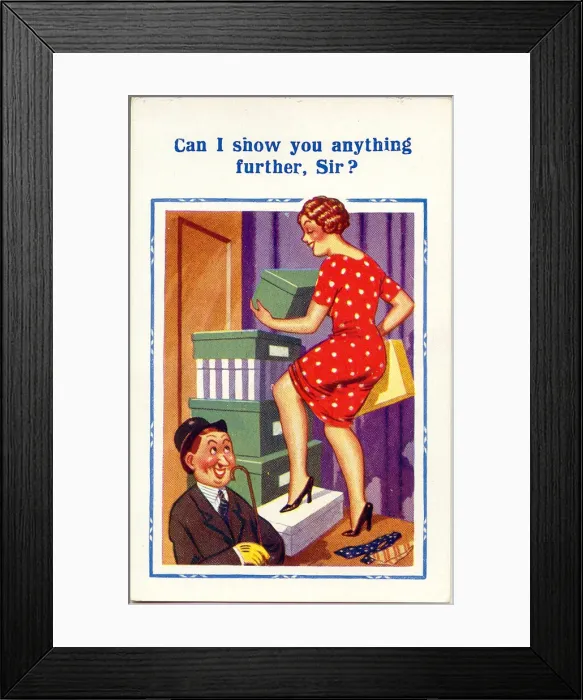 Framed Print : Comic postcard, Man with female shop assistant Date: 20th century Framed Print : Comic postcard, Man with female shop assistant Date: 20th century