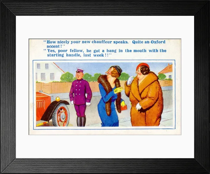 Framed Print : Comic postcard, Two women discuss chauffeur Framed Print : Comic postcard, Two women discuss chauffeur