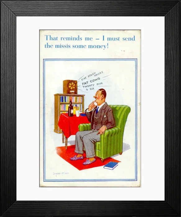 Framed Print : Comic postcard, Man listening to the radio Date: 20th century Framed Print : Comic postcard, Man listening to the radio Date: 20th century