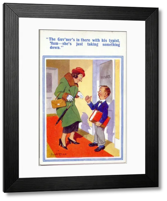 Framed Print : Comic postcard, Wife visits husband at his office Date: 20th century Framed Print : Comic postcard, Wife visits husband at his office Date: 20th century