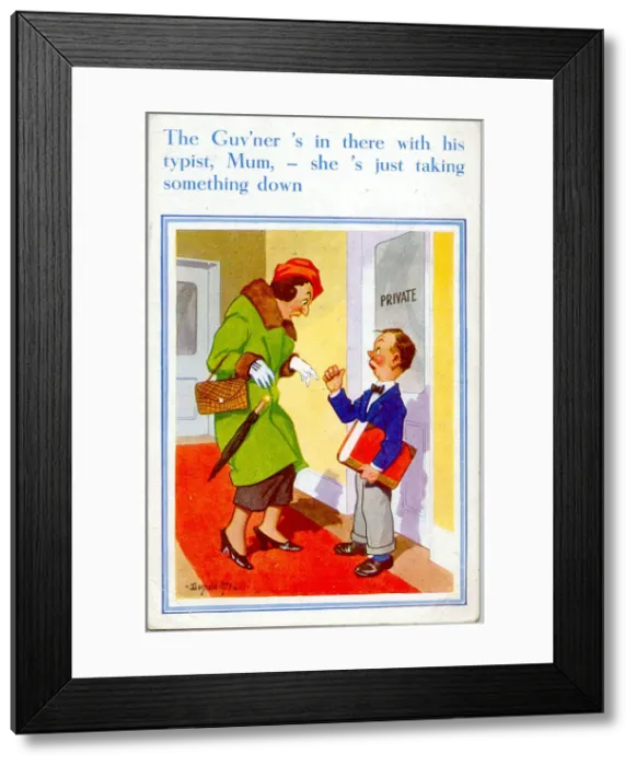 Framed Print : Comic postcard, Wife visits husband at his office Framed Print : Comic postcard, Wife visits husband at his office