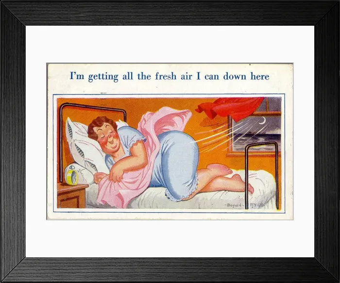 Framed Print : Comic postcard, Woman in her seaside hotel bedroom Framed Print : Comic postcard, Woman in her seaside hotel bedroom