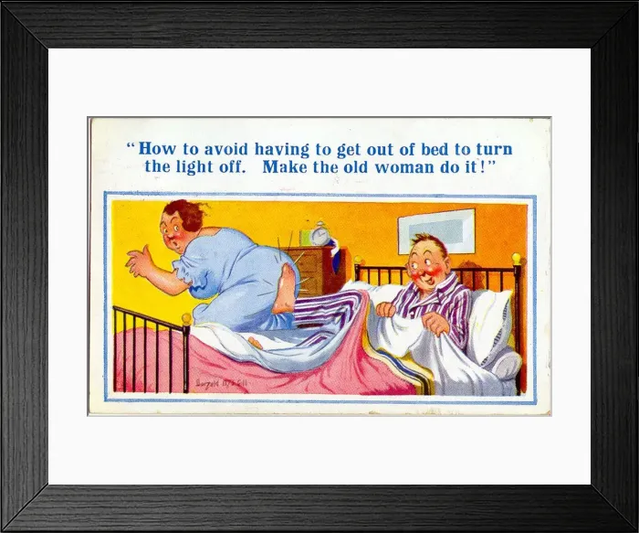 Framed Print : Comic postcard, Middle aged couple in bedroom Framed Print : Comic postcard, Middle aged couple in bedroom