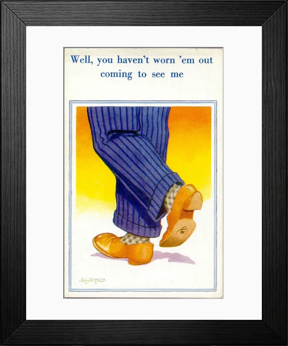 Framed Print : Comic postcard, Mans feet in worn shoes Framed Print : Comic postcard, Mans feet in worn shoes