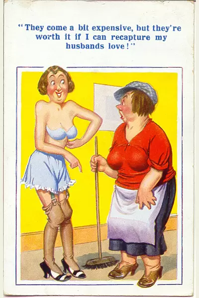 Comic postcard, Woman in expensive underwear chats to cleaning lady Date