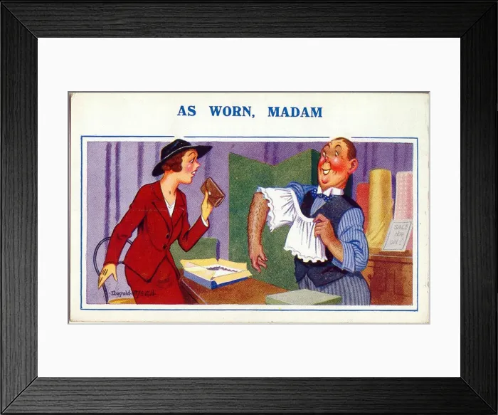 Framed Print : Comic postcard, Woman buying underwear in a shop Date: 20th century Framed Print : Comic postcard, Woman buying underwear in a shop Date: 20th century