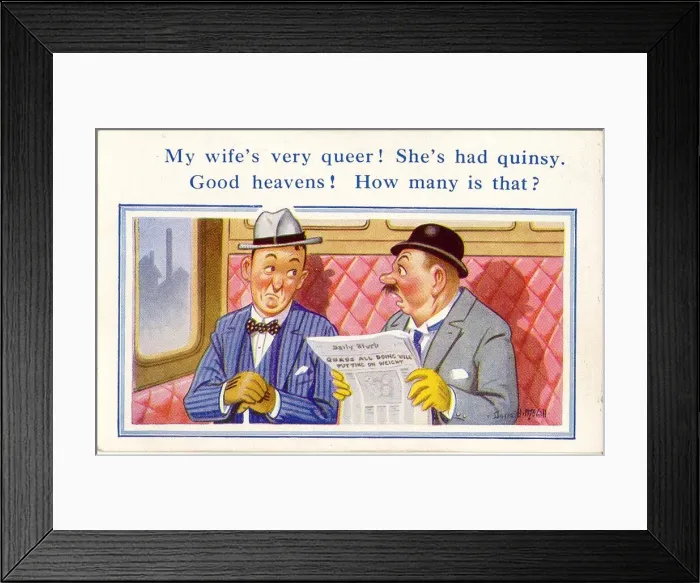 Framed Print : Comic postcard, Men chatting in train compartment Framed Print : Comic postcard, Men chatting in train compartment