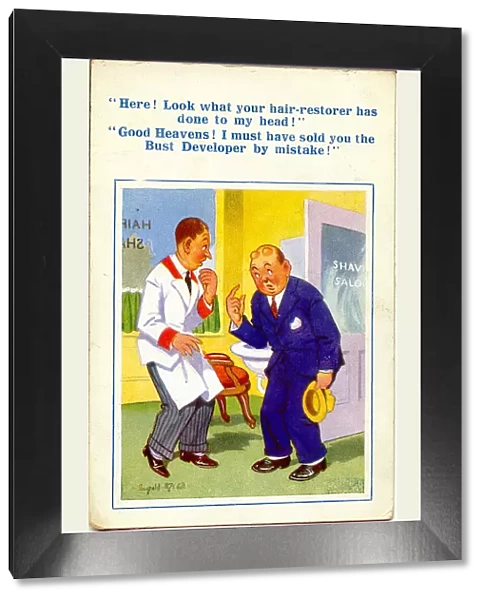 Comic postcard, Sale of wrong product - customer and barber Date: 20th century