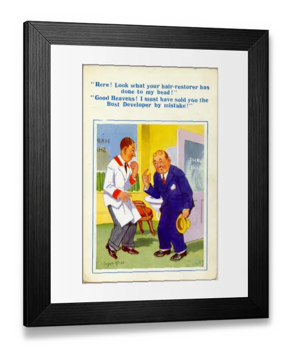 Framed Print : Comic postcard, Sale of wrong product - customer and barber Date: 20th century Framed Print : Comic postcard, Sale of wrong product - customer and barber Date: 20th century