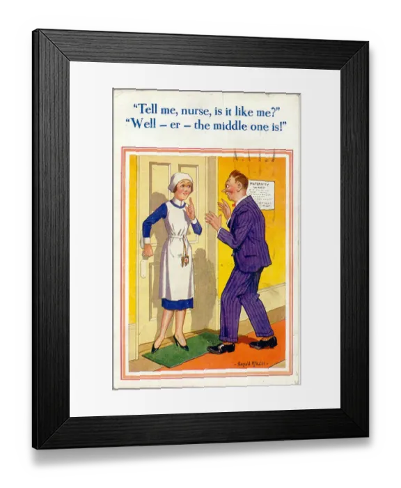 Framed Print : Comic postcard, New father with maternity nurse Framed Print : Comic postcard, New father with maternity nurse