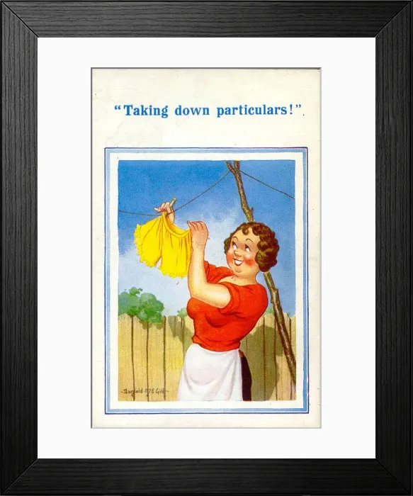 Framed Print : Comic postcard, Woman and washing line Framed Print : Comic postcard, Woman and washing line