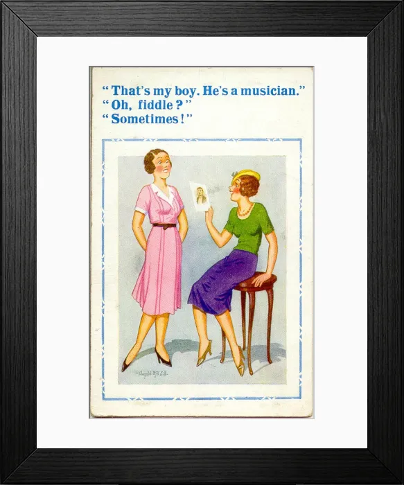 Framed Print : Comic postcard, Two women discuss musician boyfriend Framed Print : Comic postcard, Two women discuss musician boyfriend