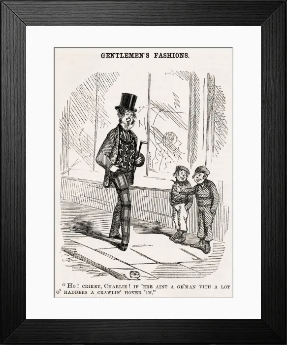 Framed Print : Gentlemens fashions, 1853. Two small boys in the street have a chuckle at a man s Framed Print : Gentlemens fashions, 1853. Two small boys in the street have a chuckle at a man s