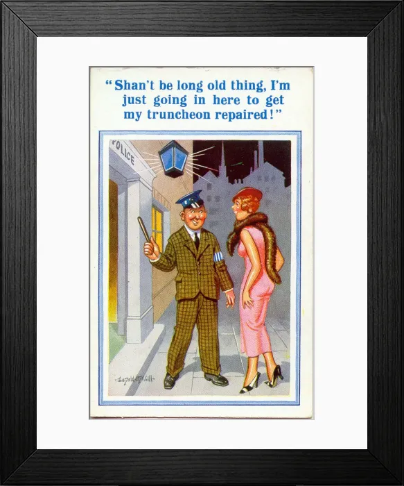 Framed Print : Comic postcard, Couple outside police station Framed Print : Comic postcard, Couple outside police station