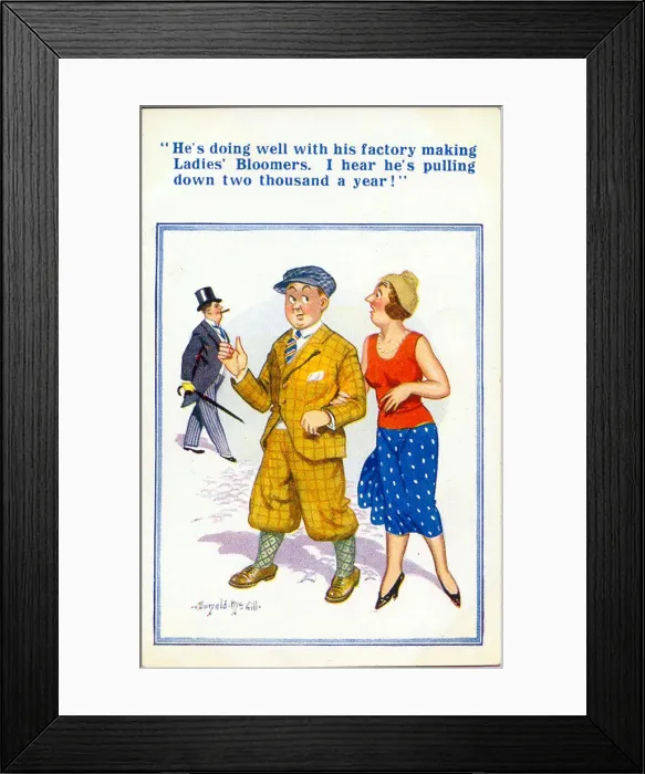 Framed Print : Comic postcard, Manufacturer of ladies bloomers Date: 20th century Framed Print : Comic postcard, Manufacturer of ladies bloomers Date: 20th century