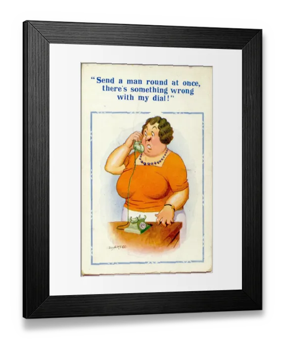 Framed Print : Comic postcard, Woman on the phone Date: 20th century Framed Print : Comic postcard, Woman on the phone Date: 20th century