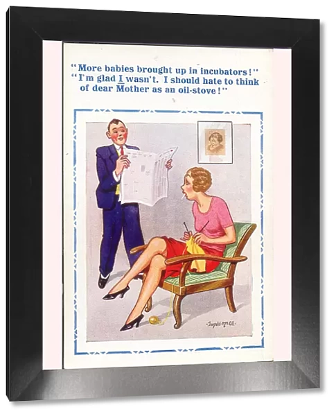 Comic postcard, Couple discussing incubators for babies Date: 20th century