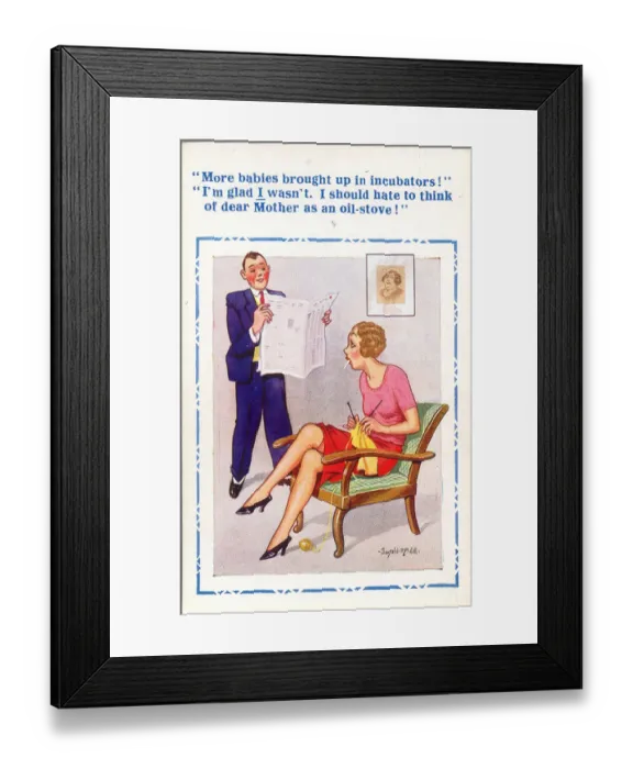 Framed Print : Comic postcard, Couple discussing incubators for babies Date: 20th century Framed Print : Comic postcard, Couple discussing incubators for babies Date: 20th century