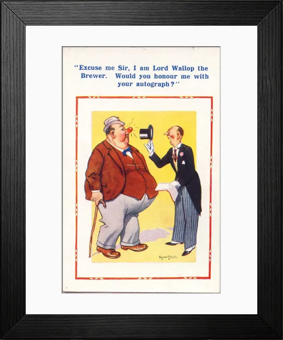 Framed Print : Comic postcard, Man asks large man for autograph Date: 20th century Framed Print : Comic postcard, Man asks large man for autograph Date: 20th century