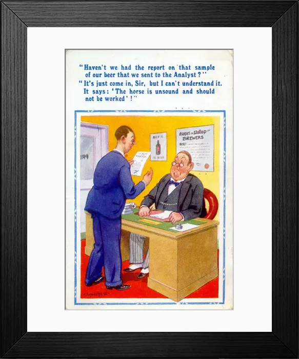 Framed Print : Comic postcard, Two men in an office Date: 20th century Framed Print : Comic postcard, Two men in an office Date: 20th century