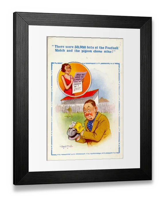 Framed Print : Comic postcard, Man targeted by pigeons at football match Date: 20th century Framed Print : Comic postcard, Man targeted by pigeons at football match Date: 20th century