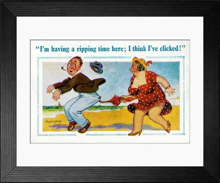 Framed Print : Comic postcard, Man and woman on the beach Date: 20th century Framed Print : Comic postcard, Man and woman on the beach Date: 20th century