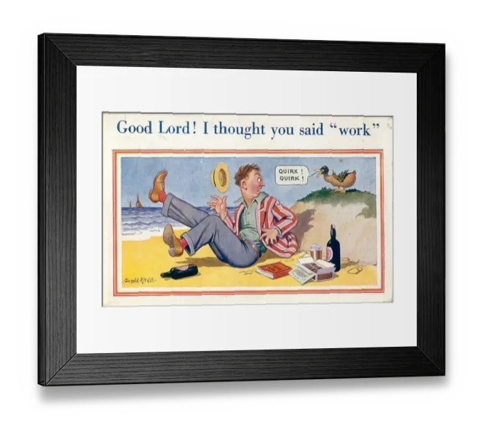 Framed Print : Comic postcard, Man disturbed by duck on the beach - trying to forget about work Date Framed Print : Comic postcard, Man disturbed by duck on the beach - trying to forget about work Date