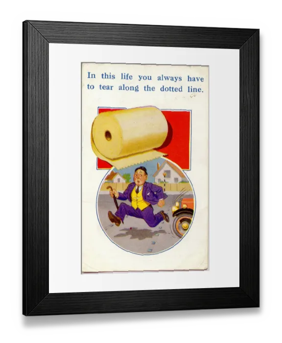 Framed Print : Comic postcard, Man rushing to find a toilet Date: 20th century