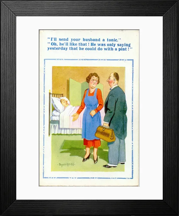 Framed Print : Comic postcard, Doctor visits patient, wife misunderstands Framed Print : Comic postcard, Doctor visits patient, wife misunderstands