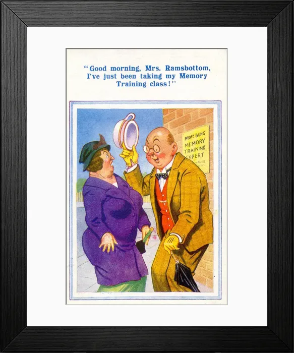 Framed Print : Comic postcard, Man greets woman in the street - memory training Date: 20th century Framed Print : Comic postcard, Man greets woman in the street - memory training Date: 20th century