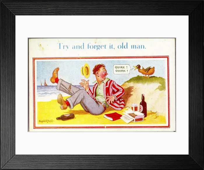 Framed Print : Comic postcard, Man disturbed by duck on the beach - trying to forget about work Date Framed Print : Comic postcard, Man disturbed by duck on the beach - trying to forget about work Date