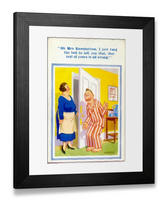 Framed Print : Comic postcard, Hotel guest and landlady - Seek and ye shall find Date: 20th century Framed Print : Comic postcard, Hotel guest and landlady - Seek and ye shall find Date: 20th century