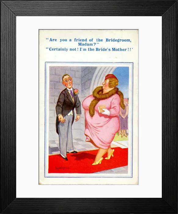 Framed Print : Comic postcard, Wedding usher and brides mother Date: 20th century Framed Print : Comic postcard, Wedding usher and brides mother Date: 20th century