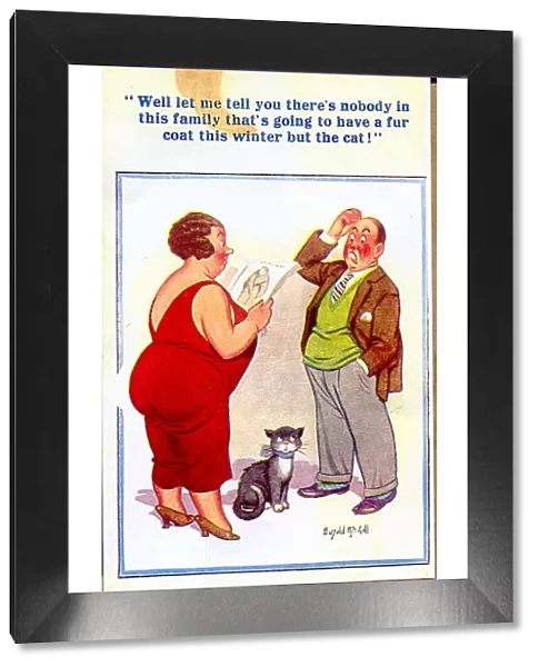 Comic postcard, Couple discussing fur coat