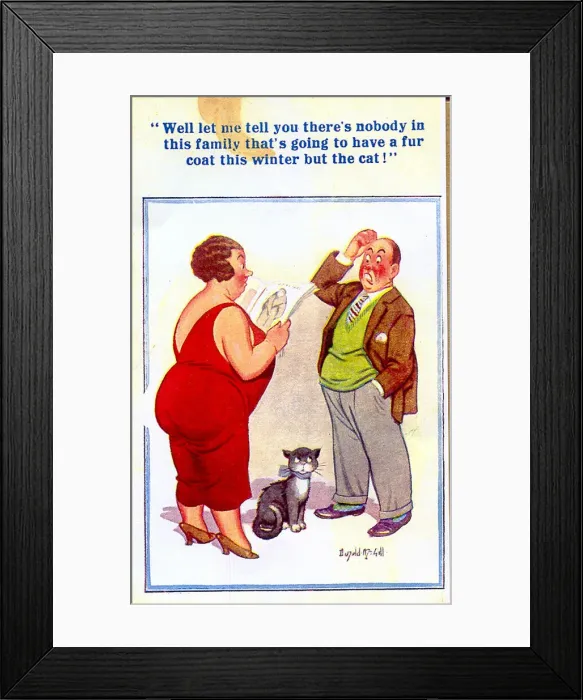 Framed Print : Comic postcard, Couple discussing fur coat Framed Print : Comic postcard, Couple discussing fur coat
