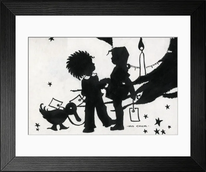Framed Print : Postcard design artwork - Two children by a Christmas tree Framed Print : Postcard design artwork - Two children by a Christmas tree