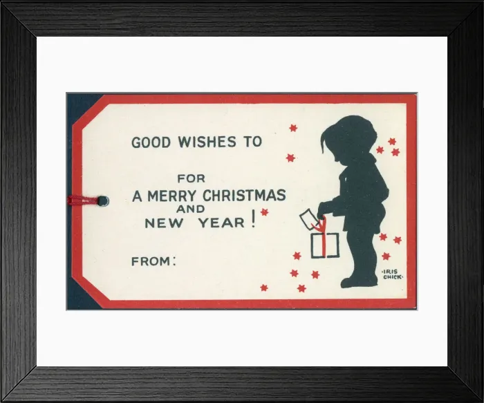 Framed Print : Happy Family gift card - Little boy and parcel with tag Framed Print : Happy Family gift card - Little boy and parcel with tag