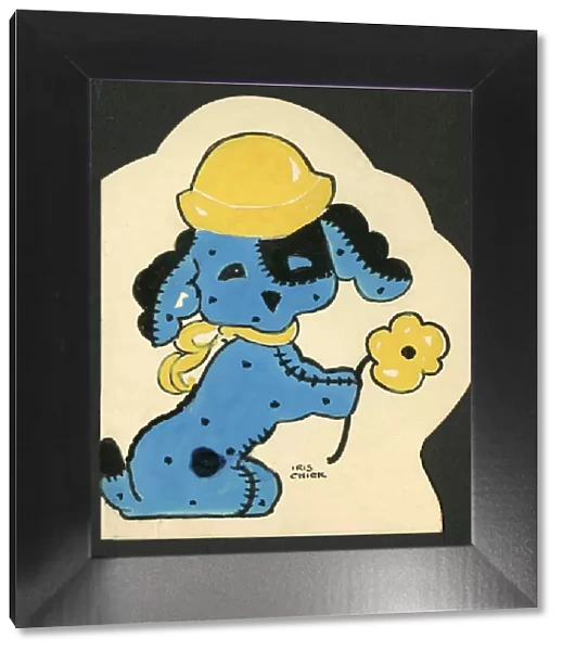 Original Artwork - little patched-up blue fabric dog