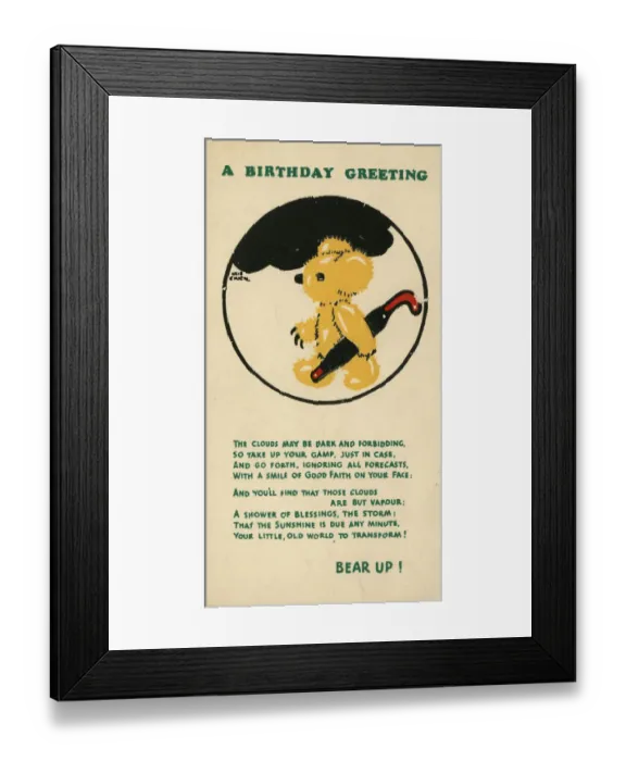 Framed Print : Birthday Greetings card - Teddy bear with umbrella Framed Print : Birthday Greetings card - Teddy bear with umbrella