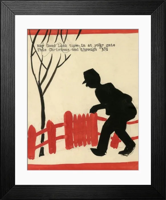 Framed Print : Original Artwork - Christmas card design - Postman at gate Framed Print : Original Artwork - Christmas card design - Postman at gate