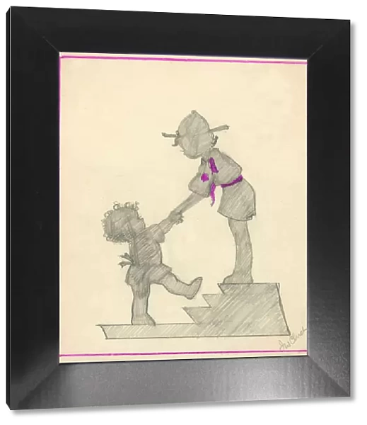 Original Artwork - Boy scout helping toddler up steps