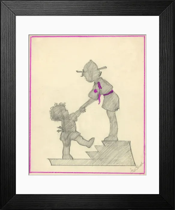 Framed Print : Original Artwork - Boy scout helping toddler up steps Framed Print : Original Artwork - Boy scout helping toddler up steps