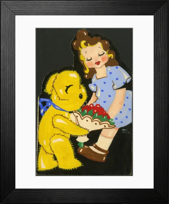 Framed Print : Original Artwork - Teddy bear gives girl a bunch of flowers Framed Print : Original Artwork - Teddy bear gives girl a bunch of flowers