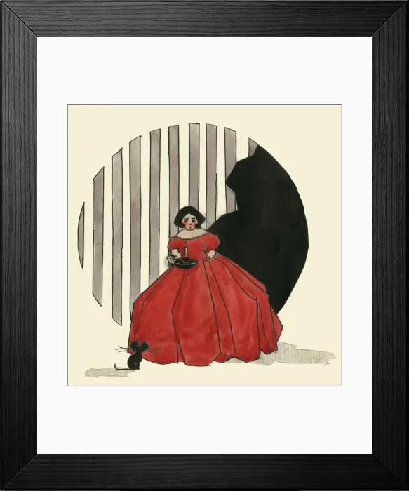Framed Print : Original Artwork - Woman in red dress surprised by mouse Framed Print : Original Artwork - Woman in red dress surprised by mouse